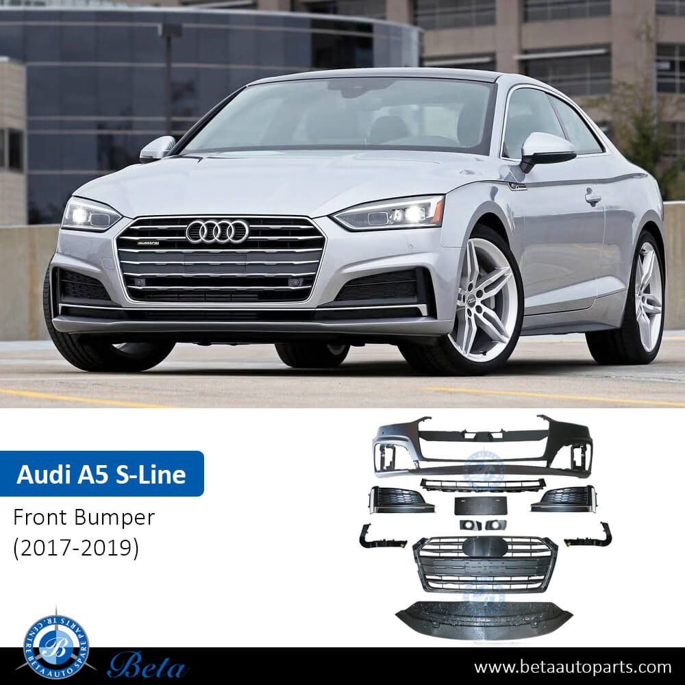 Audi A5 S-Line (2017-2019), Front Bumper with Park Assist with Washer without ACC with Radiator Grille, China, 8W6807065L2 Audi A5 S-Line (2017-2019), Front Bumper with Park Assist with Washer without ACC with Radiator Grille, China, 8W6807065L2